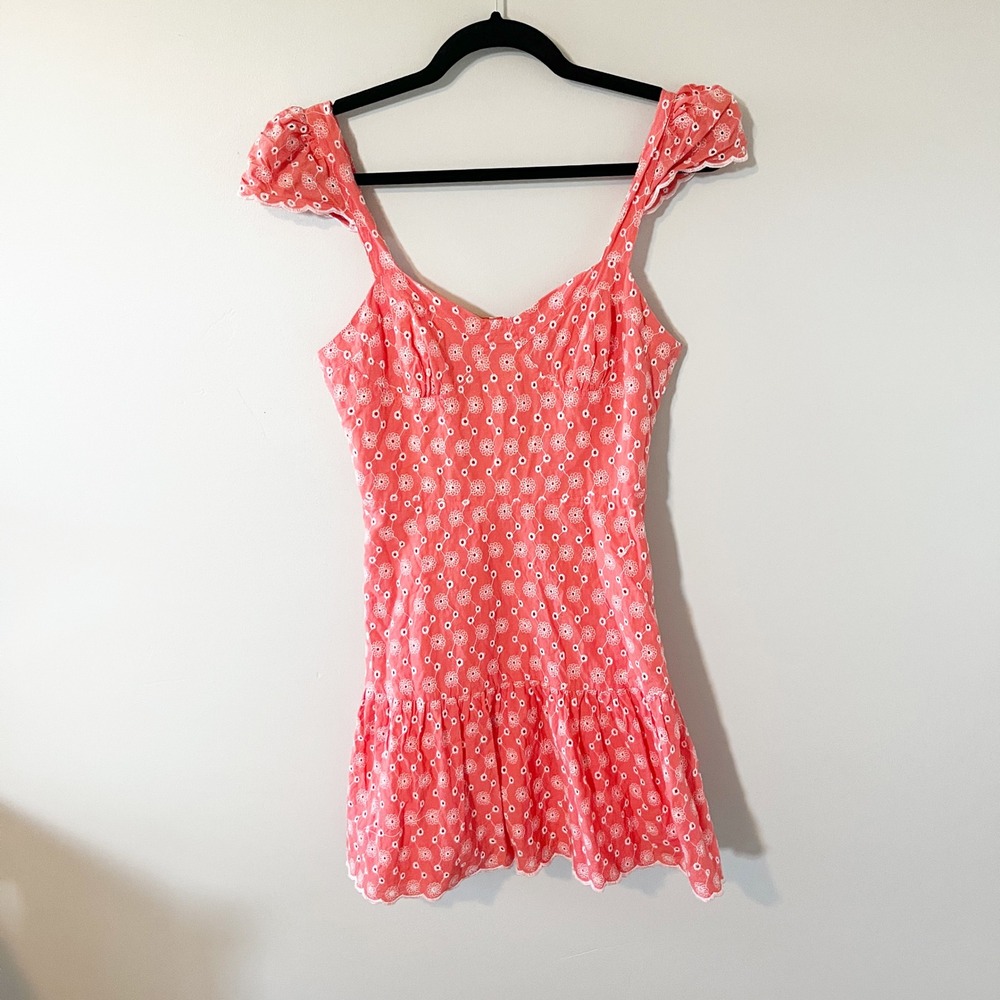 Betsey Johnson Coral Pink Eyelet Floral Mini Dress Ruffle Sleeve Small - Picture 2 of 12
